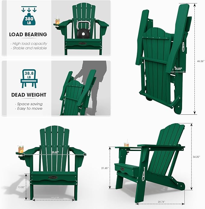 Folding Adirondack Chair, HDPE All-Weather Outdoor Chair with Cup Holder, Wooden Textured, Fire Pit Chair - Photo 3