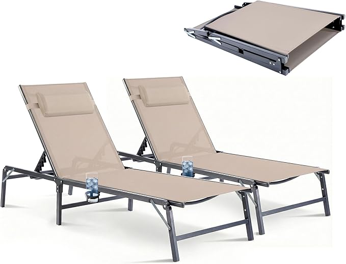 Foldable Outdoor Lounge Chairs Set of 2, No Assembly Chaise Lounge Outdoor with Cup Holder and 6 Adjustable Positions - Photo 1