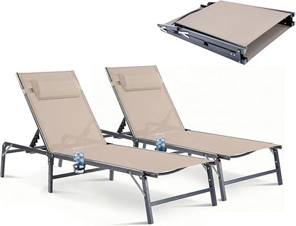 Foldable Outdoor Lounge Chairs Set of 2, No Assembly Chaise Lounge Outdoor with Cup Holder and 6 Adjustable Positions, Patio Lounge Chair with Detachable Pillow for Outside Poolside Beach Pool,Khaki