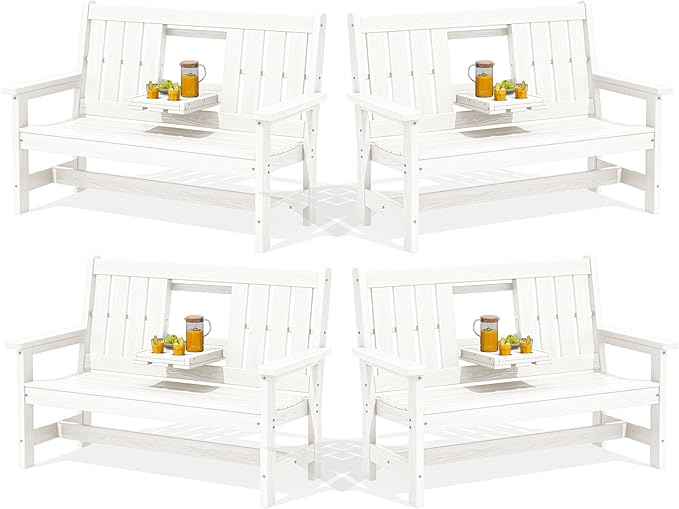 SERWALL Outdoor Bench with Cup Holder, 58" HDPE Garden Park Bench Suitable for 3 Person - Photo 1