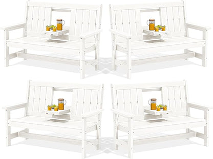 SERWALL Outdoor Bench with Cup Holder, 58" HDPE Garden Park Bench Suitable for 3 Person, All Weather Patio Benches with High Backrest and Wide Armrests for Garden, Park, Yard, Front Porch, White