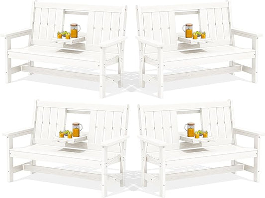 SERWALL Outdoor Bench with Cup Holder, 58" HDPE Garden Park Bench Suitable for 3 Person, All Weather Patio Benches with High Backrest and Wide Armrests for Garden, Park, Yard, Front Porch, White