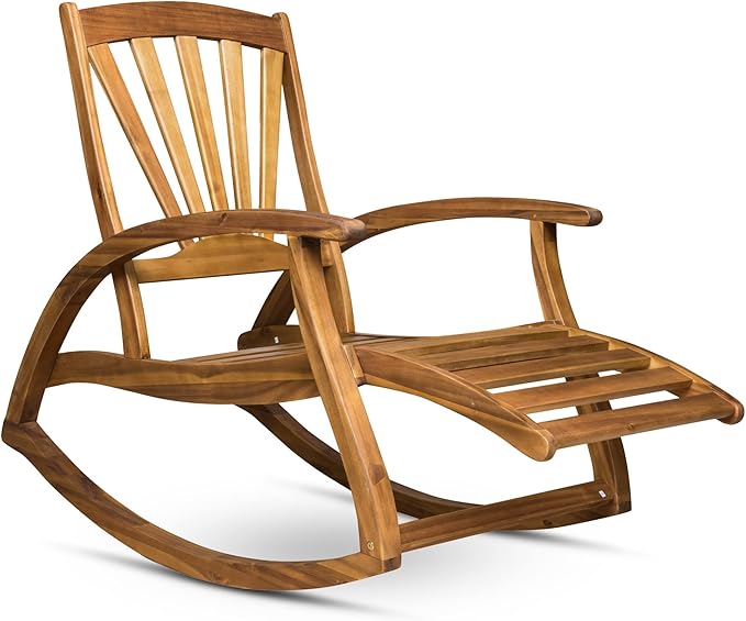 roomfitters Outdoor Wooden Rocking Chair with Slatted Back and Ergonomic Armrests, Classic Curved Base Design, Teak