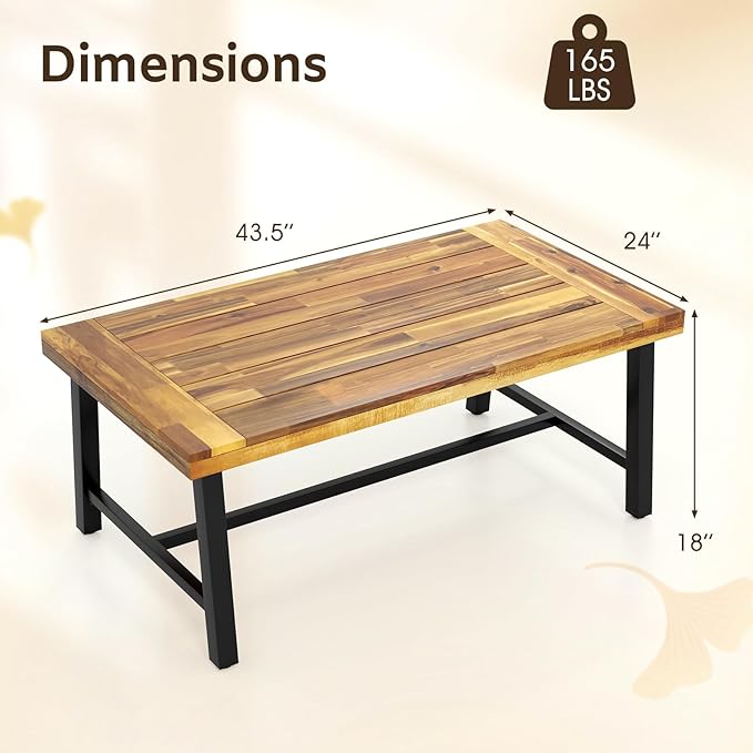 Tangkula Outdoor Acacia Wood Coffee Table, Rectangle Rustic Accent Table with Thickened Top & Heavy-Duty Metal Legs - Photo 3