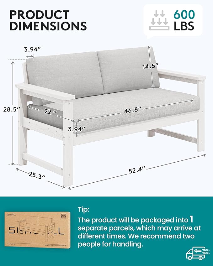 SERWALL HDPE Outdoor Loveseat with Cushions, All Weather Use Outdoor Loveseat Sofa, White Frame/Khaki Cushion - Photo 4