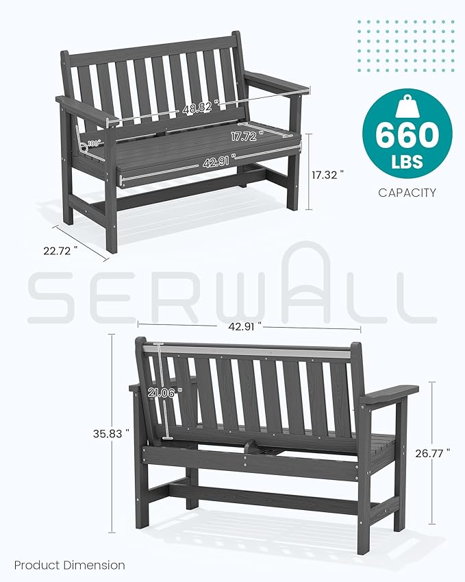 SERWALL Outdoor Bench, HDPE Outdoor Benches Weatherproof, 2-Person Garden Bench with 660 lbs Weight Capacity - Photo 3