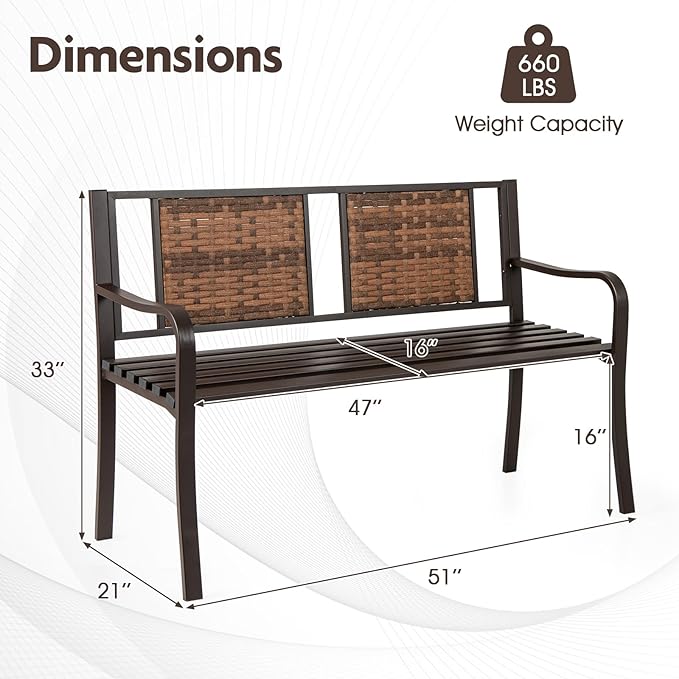Giantex Outdoor Bench with PE Rattan Backrest, Curved Armrests, Slatted Seat for 2-3 Persons, Heavy-Duty Outdoor Seating Furniture, Garden Bench for Patio, Backyard, Poolside, Porch, Park, Brown