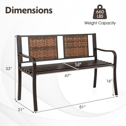 Giantex Outdoor Bench with PE Rattan Backrest, Curved Armrests, Slatted Seat for 2-3 Persons, Heavy-Duty Outdoor Seating Furniture, Garden Bench for Patio, Backyard, Poolside, Porch, Park, Brown