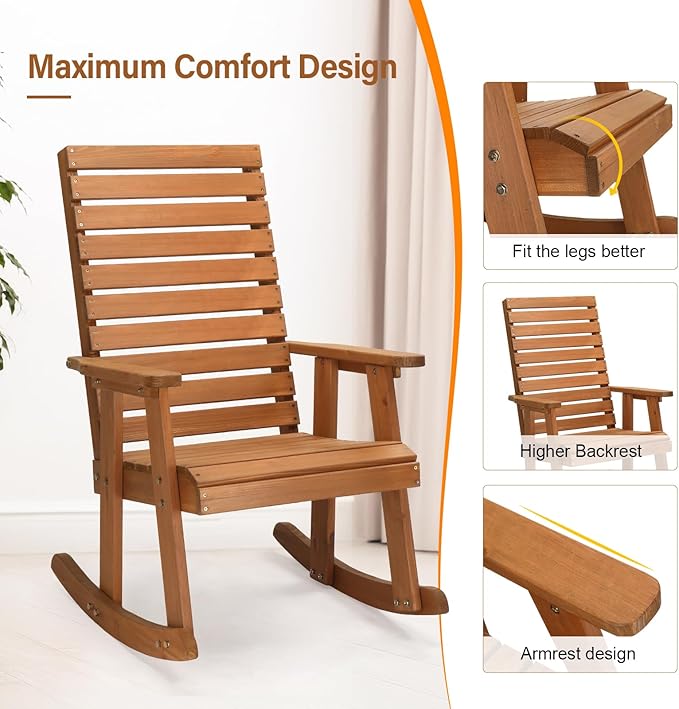 Bonnlo Outdoor Wooden Rocking Chair with High Backrest, Solid Fir Wood Rocking Chair, Heavy Duty 600 LBS Patio Rockers for Garden, Yard, Patio