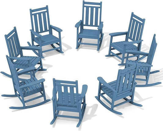 KINGYES Oversized Outdoor Rocking Chair Set of 8, All-Weather Patio Rocking Chairs for Porch, HDPE Outdoor Patio Rockers with High Back & Wide Seat for Garden, Lawn, Blue