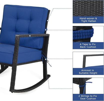 Tangkula Wicker Rocking Chair, Outdoor Glider Rattan Rocker Chair with Heavy-Duty Steel Frame, Patio Wicker Furniture Seat with 5” Thick Cushion for Garden, Porch, Backyard, Poolside (1, Blue)