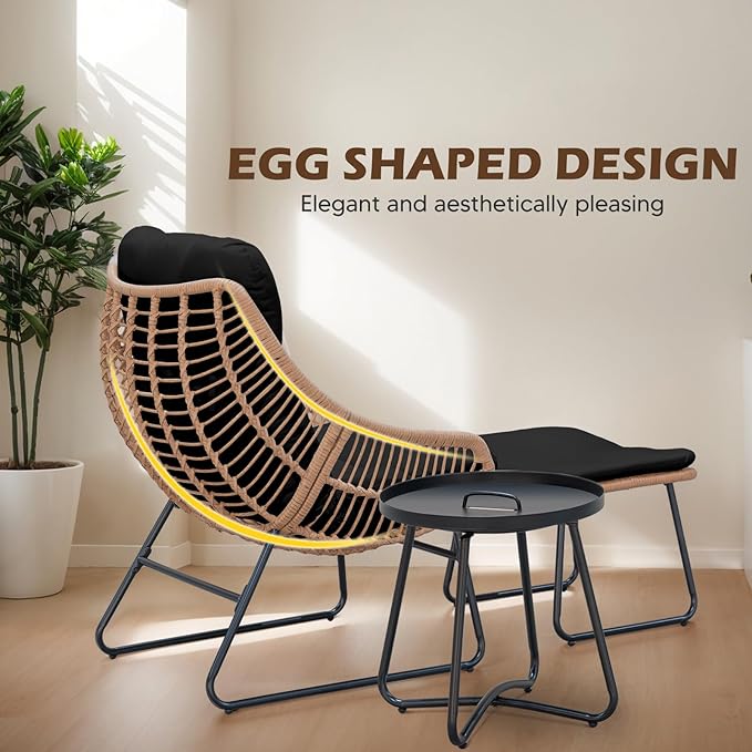 PROHIKER Outdoor Chaise Lounge Chair Set, Indoor Wicker Papasan Egg Chair with Thick Cushion, Ottoman and Table, Oversized Rattan Reading Lounge Recliner for Living Room Patio Yard, Black