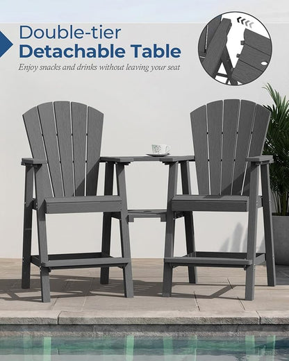 Ciokea Tall Adirondack Chairs Set of 2, HDPE Outdoor Adirondack Bar Stools with Double Connecting Tray, Weather Resistant High Back Adirondack Balcony Chairs for Deck, Lawn, Pool, Backyard, Dark Gray