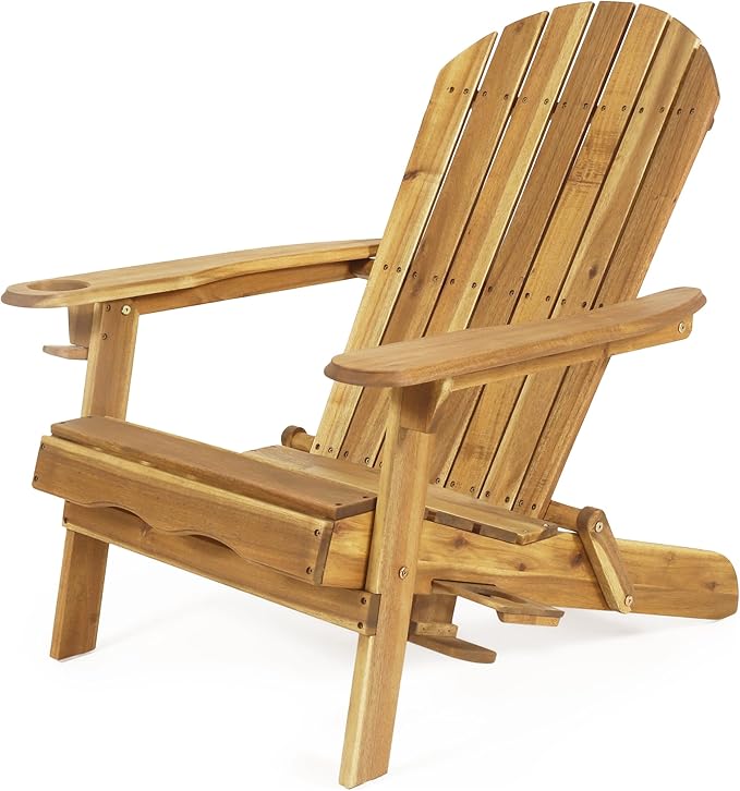 Christopher Knight Home Vera Acacia Wood Lounge Chair Outdoor, Adirondack Chair with Cup Holders, Slatted Design Side Chair, Extra Seating for Balcony Backyard Poolside Garden, Weather Resistant, Teak