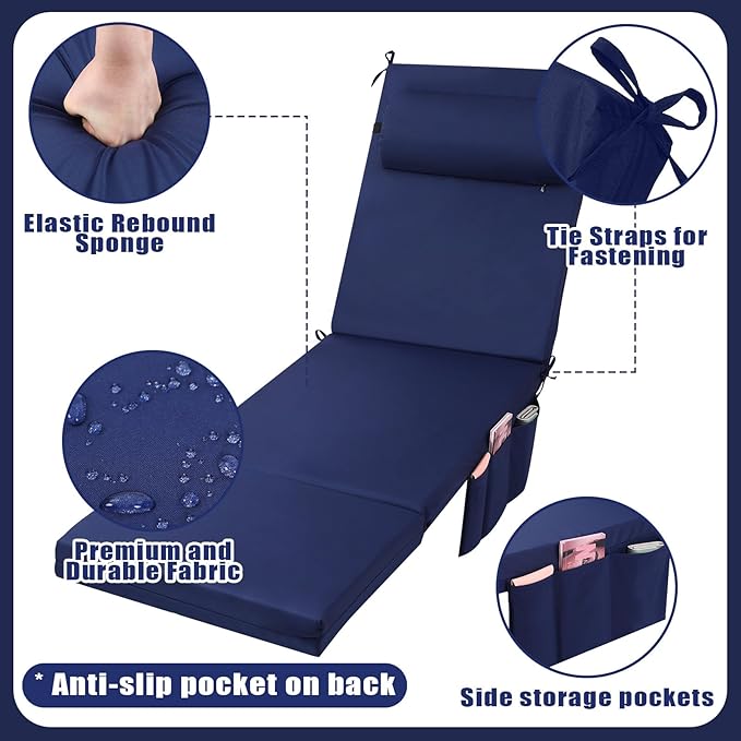 RattanView 2 Pcs Outdoor Chaise Lounge Cushion with Pillow and Side Pockets Waterproof Lounge Chair Cushions for Outdoor Furniture Patio Lounger Pad for Outside Pool Lawn (Navy Blue,72 x 21 x 4)