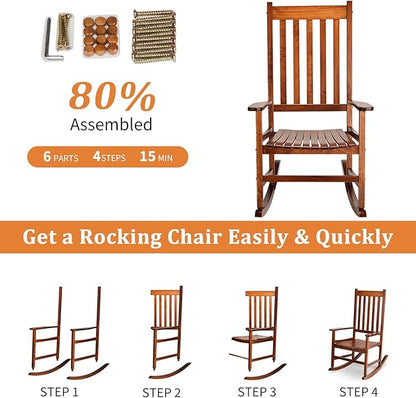 Outvita Outdoor Rocking Chair, Solid Wood High Back Rocker, All Weather Lounge Chair for Porch Patio Fire Pit Garden Backyard Deck Indoor, Natural