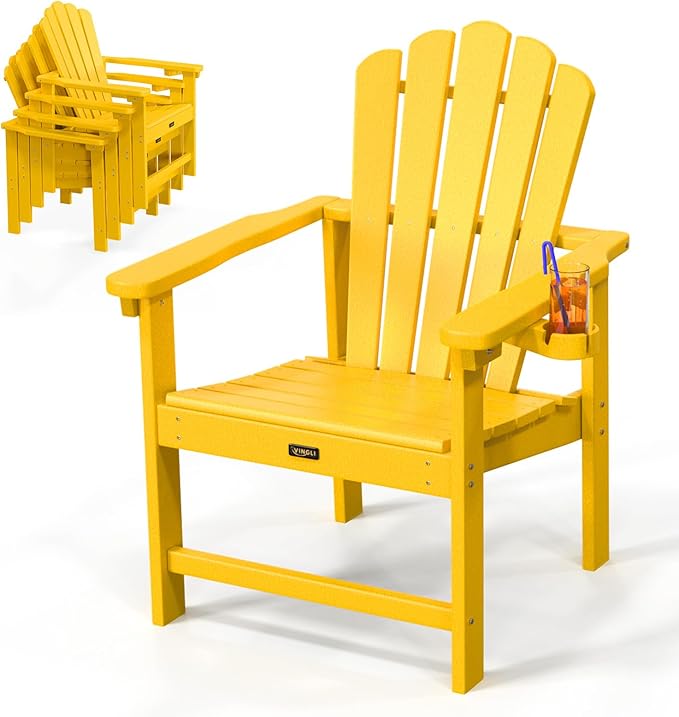 VINGLI Plastic Folding Adirondack Chair with Cup Holder, 100% Recyclable HDPE Material, 380lb Weight Capacity for Outdoor Pool Patio Lounge Chair Lawn Furniture Fire Pit, 1 Pack, Lemon Yellow