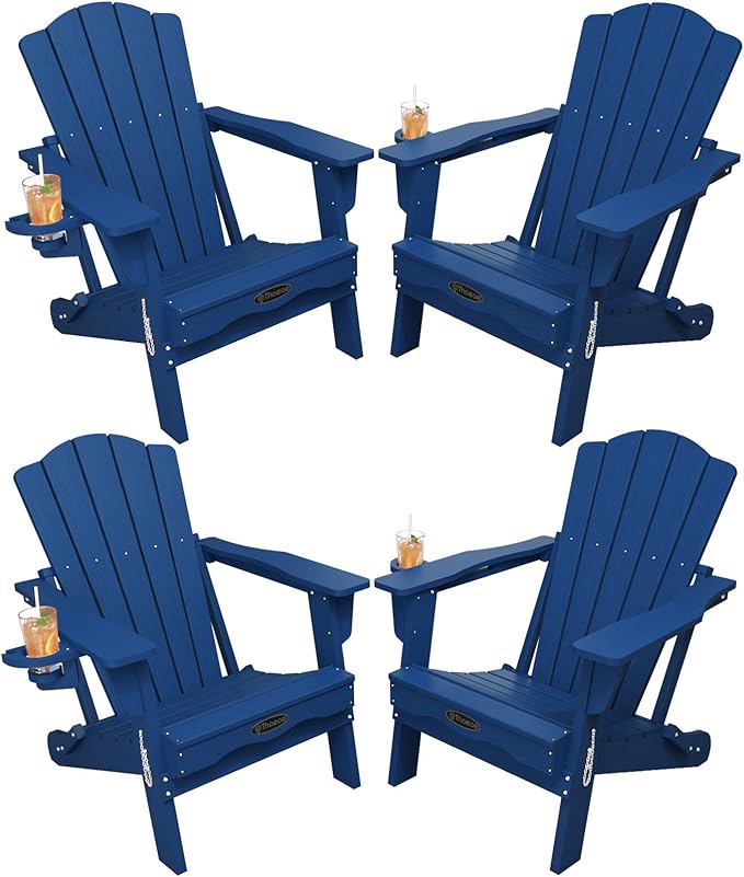 Folding Adirondack Chair Set of 4,HDPE All-Weather Outdoor Chair with Cup Holder,Wooden Textured,Fire Pit Chair,Plastic Patio Chair for Deck,Backyard,Garden,Lawn(Navy Blue)