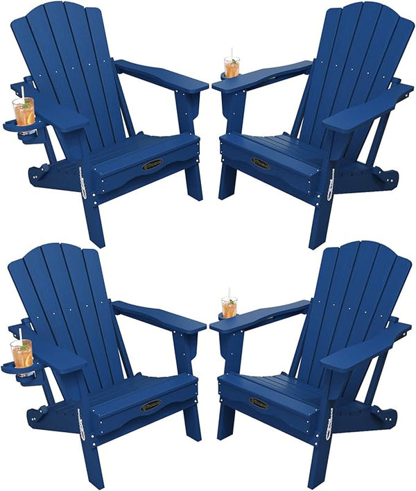 Folding Adirondack Chair Set of 4, HDPE All-Weather Outdoor Chair with Cup Holder, Wooden Textured, Fire Pit Chair - Photo 1