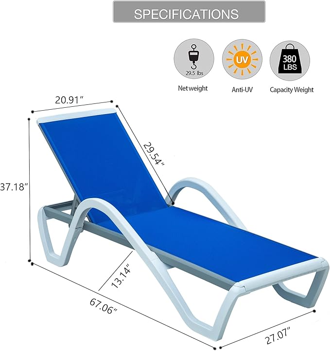 Domi Patio Chaise Lounge Outdoor Lounge Chair Adjustable Aluminum Pool Lounge Chair with Armrests, Durable Textilene, All Weather Poolside Lounger for Deck, Lawn, Garden, Blue