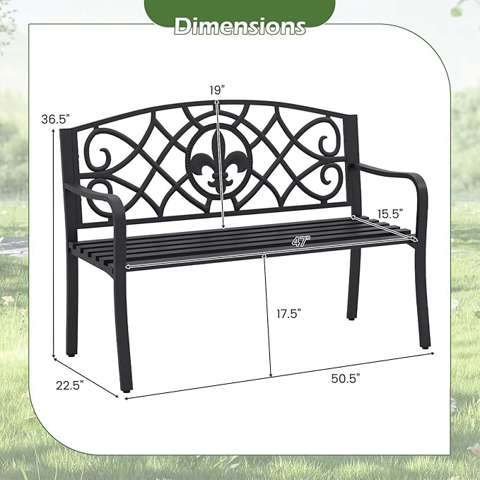 Giantex 50.5” Outdoor Bench with Metal Frame, Floral Design Cast Iron Backrest, Slatted Seat, Adjustable Foot Pads, Load 660Lbs, Garden Bench for Outside Patio Backyard Porch Park, Black