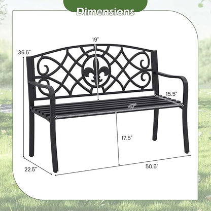 Giantex 50.5” Outdoor Bench with Metal Frame, Floral Design Cast Iron Backrest, Slatted Seat, Adjustable Foot Pads, Load 660Lbs, Garden Bench for Outside Patio Backyard Porch Park, Black