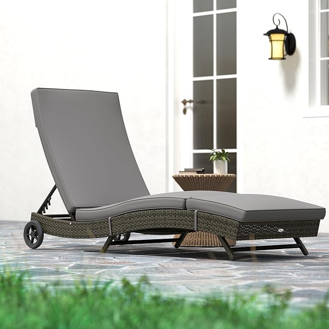 Outsunny Wicker Chaise Lounge Chair Outdoor with Wheels & Cushion, PE Rattan Patio Lounge Chair with 5-Level Adjustable Backrest for Poolside, Garden, Gray