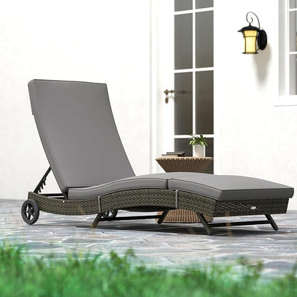 Outsunny Wicker Chaise Lounge Chair Outdoor with Wheels & Cushion, PE Rattan Patio Lounge Chair with 5-Level Adjustable Backrest for Poolside, Garden, Gray