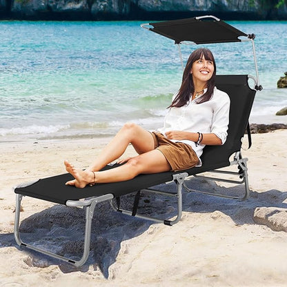 Tangkula Outdoor Folding Chaise Lounge Chair, 5-Fold Reclining Beach Chair, Patio Recliner Chair w/ 360° Canopy Shade & Side Storage Pocket, Portable Chaise Lounge for Beach, Sunbathing (1, Black)