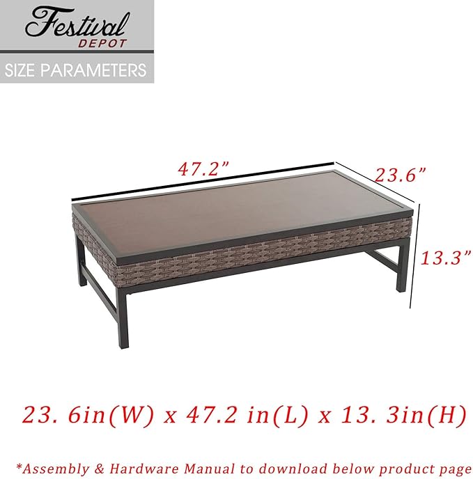 Festival Depot Patio Table Rattan Woven Wicker Coffee Table with Aluminum Tabletop All Weather Outdoor Furniture for Backyard Porch Garden (H Shaped Leg),Brown