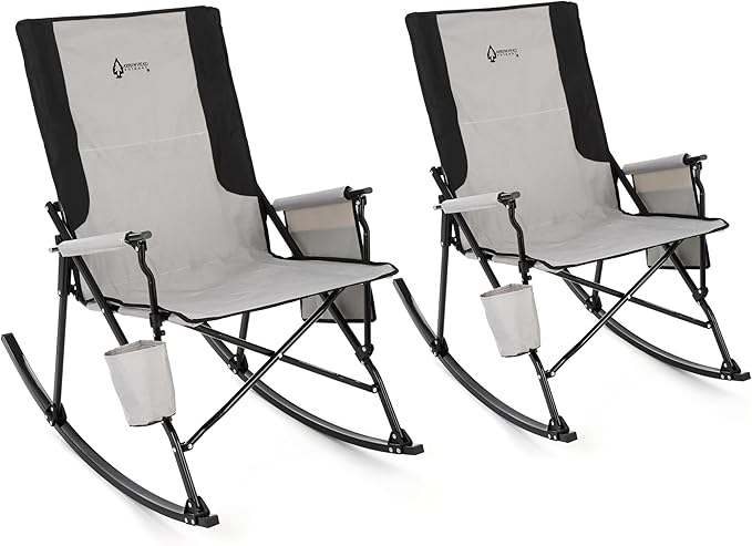 ARROWHEAD OUTDOOR 2-Pack Foldable Rocking Camp Chair with Large Cup Holder, Side Pocket, Space-Saving Folding, Enhanced Swinging Rocker for Camping, Fishing, Patio