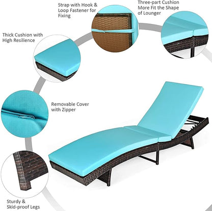 BETTARY Outdoor Folding Chaise Lounge, Rattan Patio Lounge Chair w/Removable Soft Cushion, 5 Adjustable Levels, Reclining Wicker Sunbed for Garden/Poolside/Balcony (1, Turquoise)