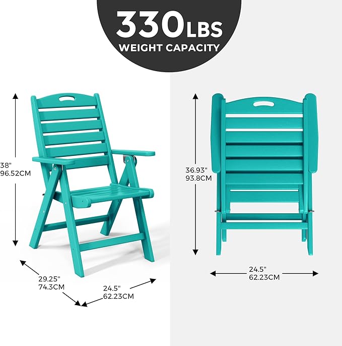 Costaelm Outdoor Adjustable Highback Folding Patio Dining Chair, HDPE Armrest Poly Lumber Restaurant Bistro Dining Chair for Outside Porch Backyard Garden, Turquoise