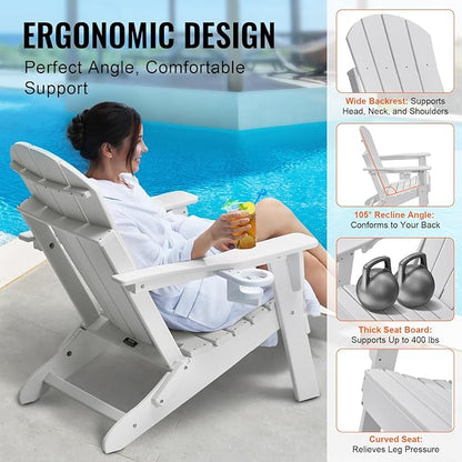 VEVOR Folding Adirondack Chairs Set of 2 with Cup Holder, All-Weather Portable Plastic Fire Pit Chair, Outdoor Adirondack Patio Chair, with Relaxing Arm Rest Ergonomic, for Garden, Backyard, White