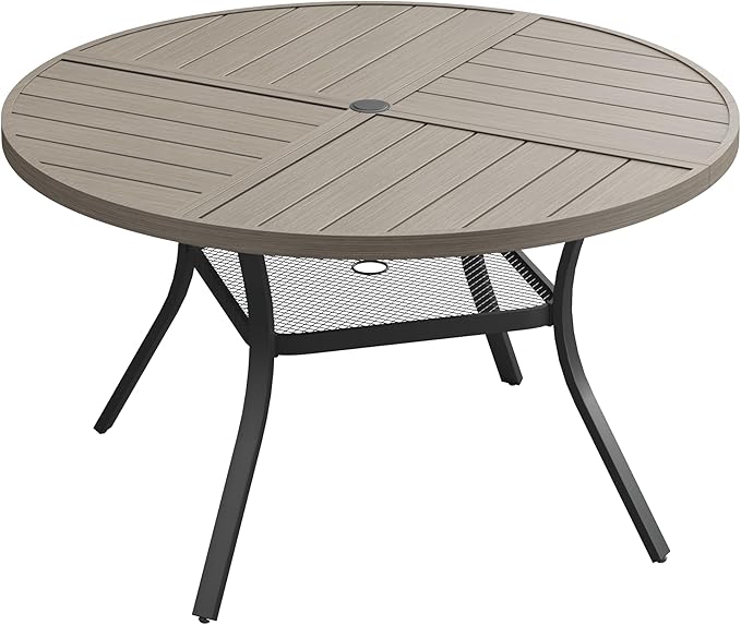 VICLLAX 47.2" Round Patio Dining Table for 4-6, All Weather Metal Outdoor Table with 1.57" Umbrella Hole and Storage Shelf for Garden Lawn Deck, Grey