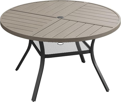 VICLLAX 47.2" Round Patio Dining Table for 4-6, All Weather Metal Outdoor Table with 1.57" Umbrella Hole and Storage Shelf for Garden Lawn Deck, Grey