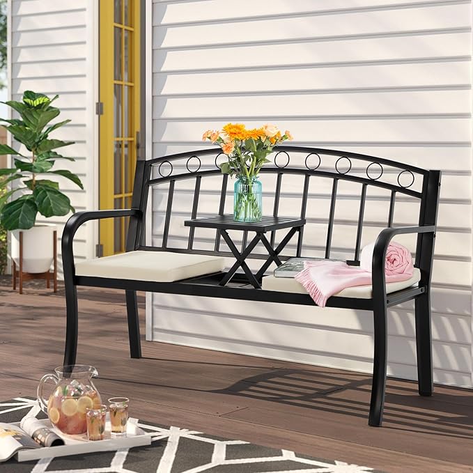 AVAWING Outdoor Metal Garden Bench, 2-Seat Patio Porch Bench with Steel Frame - Photo 9