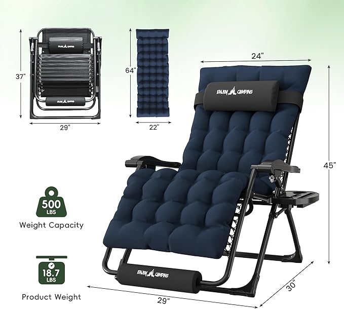 Amopatio Oversized Padded Zero Gravity Chair, XL 29In Reclining Camping Lounge Chair w/Removable Cushion&Headrest - Photo 3