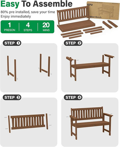 YEFU Outdoor Bench Weatherproof for Patio: 2-Person HIPS All Weather Garden Benches - Comfortable & Heavy Duty Patio Benches for Front Porch Backyard Park - Outside Furniture Bench, Teak