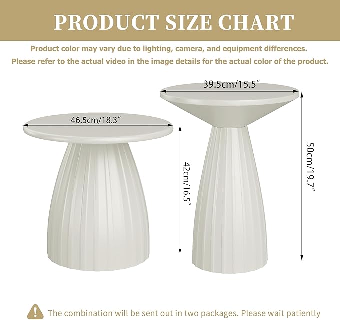 Round Small Patio Side Table Set of 2, Patio Furniture Accent End Table, Metal Steel Outdoor Side Table, for Garden, Pool, Yard, Balcony, Living Room, Deck, Weather Resistant, No Assembly, Beige White