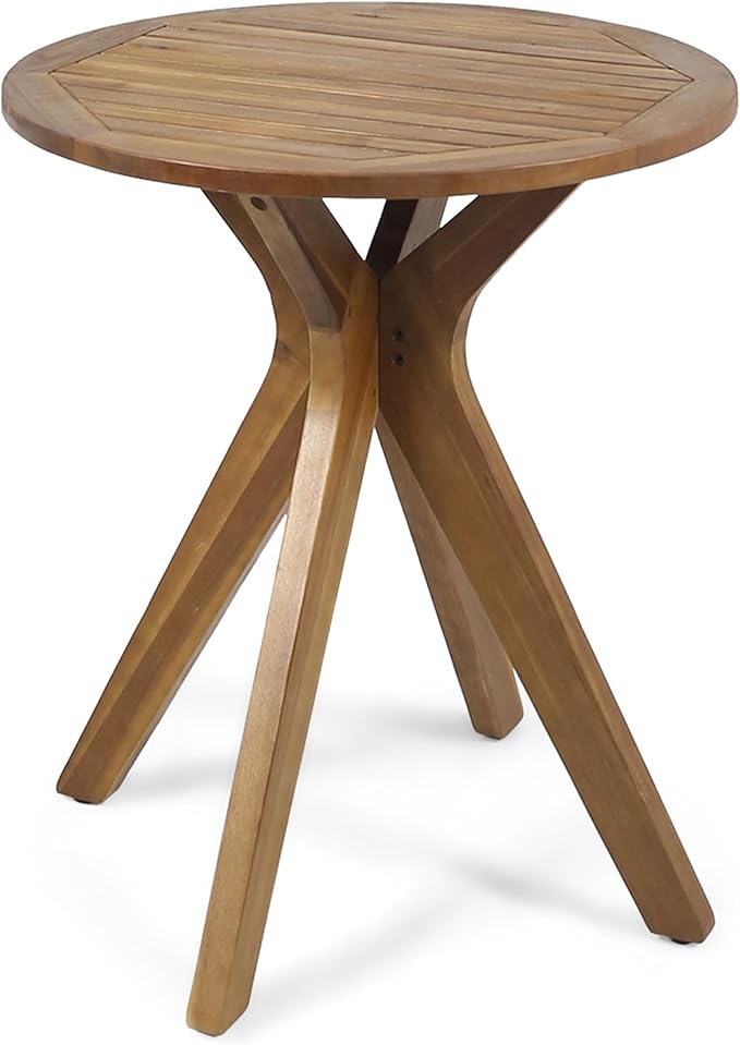 Merax Outdoor Coffee Table 27.5" Round Acacia Wood Patio Side Table, X-Shaped Base Support, Slat Tabletop Design, Teak - Photo 8