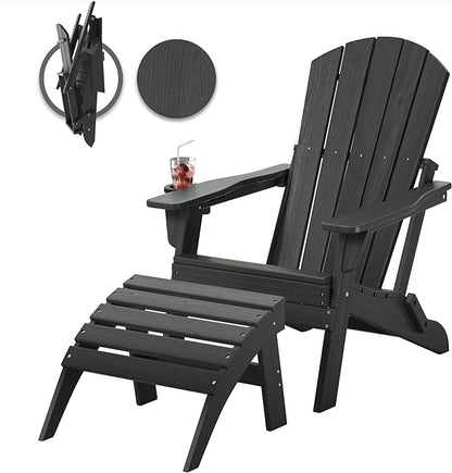 Adirondack Chair with Ottoman Set, HDPE All-Weather Outdoor Footrest, Indoor Outdoor Use on High Back Garden Porch Lounger(Grey)