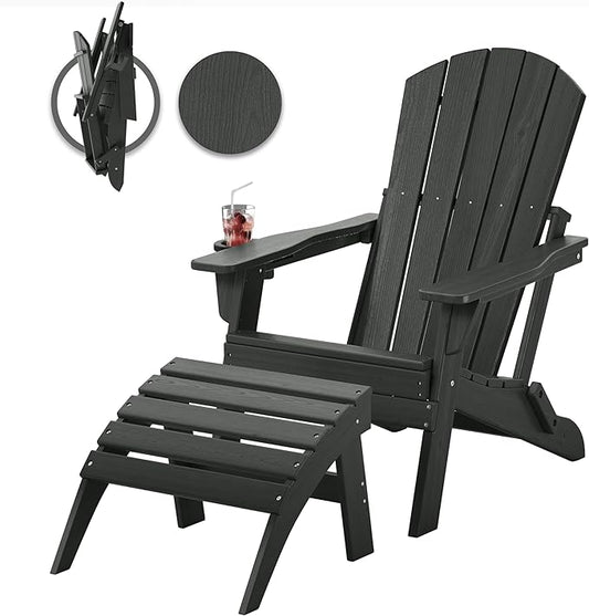 Folding Adirondack Chair with Cup Holder & Ottoman, HDPE All Weather Resistant Plastic Outdoor Patio Chairs, Heavy Duty Fire Pit Seating for Backyard Lawn Garden, Wood Textured(Grey)