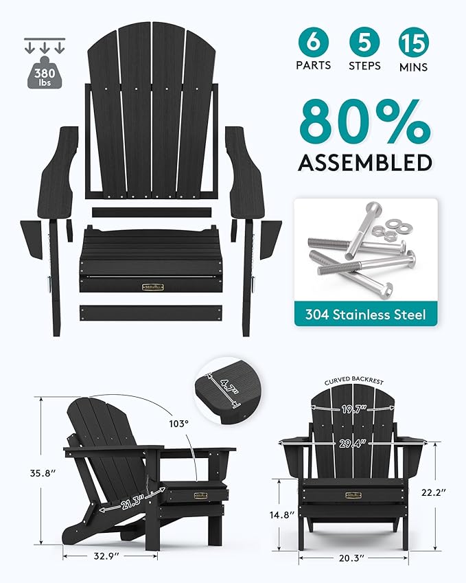 SERWALL Folding Adirondack Chairs Patio Chairs Lawn Chair Set of 8 Outdoor Adirondack Chair Weather Resistant for Patio - Photo 2