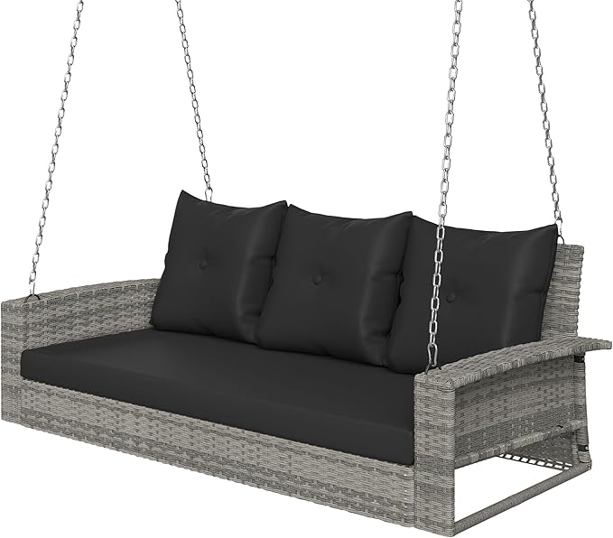YITAHOME 3-Seats Outdoor Hanging Porch Swing Chair Rattan Black Wicker Patio Swing Chair with Swing Lounge 3 Black Back - Photo 6