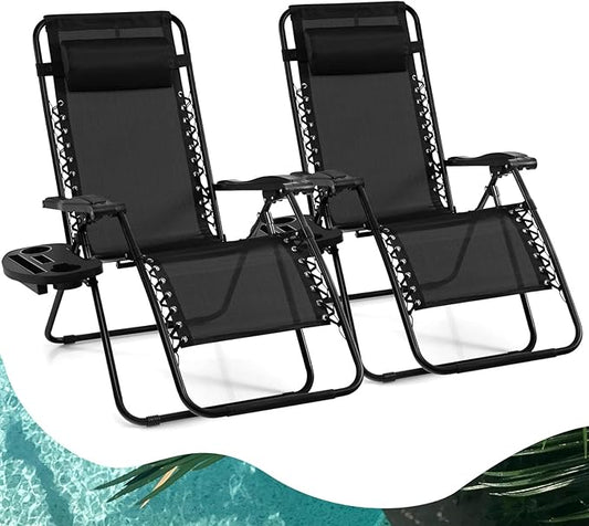 Goplus Zero Gravity Lounge Chairs, 160°Adjustable Folding Recliner w/Pillow and Cup Holder, 350LBS Comfy Outdoor Lounge Chairs for Patio, Lawn, Yard & Camp(Set of 2, Black)