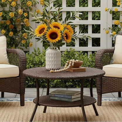 Cambridge Outdoor Rattan Round Coffee Table, All-Weather HDPE Wicker Patio Side Table 2-Tier Circle Table with Storage for Garden Porch Deck, Brown