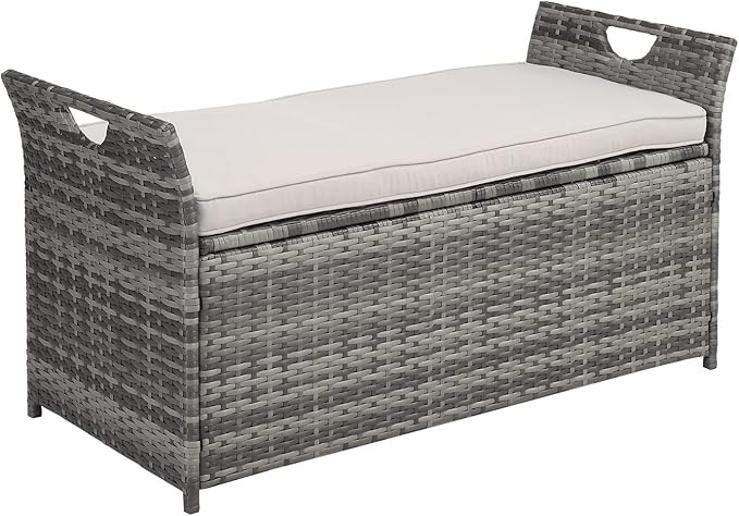 Outvita 40 Gallon Outdoor Storage Box, Patio Rattan Storage Bench with Cushion for Backyard, Balcony, Poolside, Garden, Gray