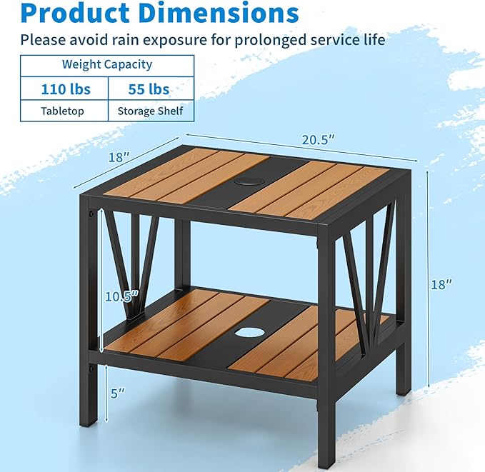 Tangkula Outdoor Side Table with 1.57” Umbrella Hole, 2-Tier Patio Metal End Table with Storage Shelf - Photo 3