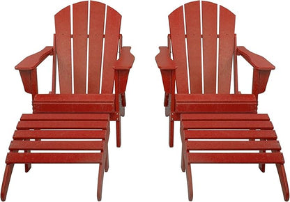 WestinTrends Malibu Outdoor Lounge Chair Set, 4-Pieces Adirondack Chair Set of 2 with Ottoman, All Weather Poly Lumber Patio Lawn Folding Chair for Outside Pool Beach, Red